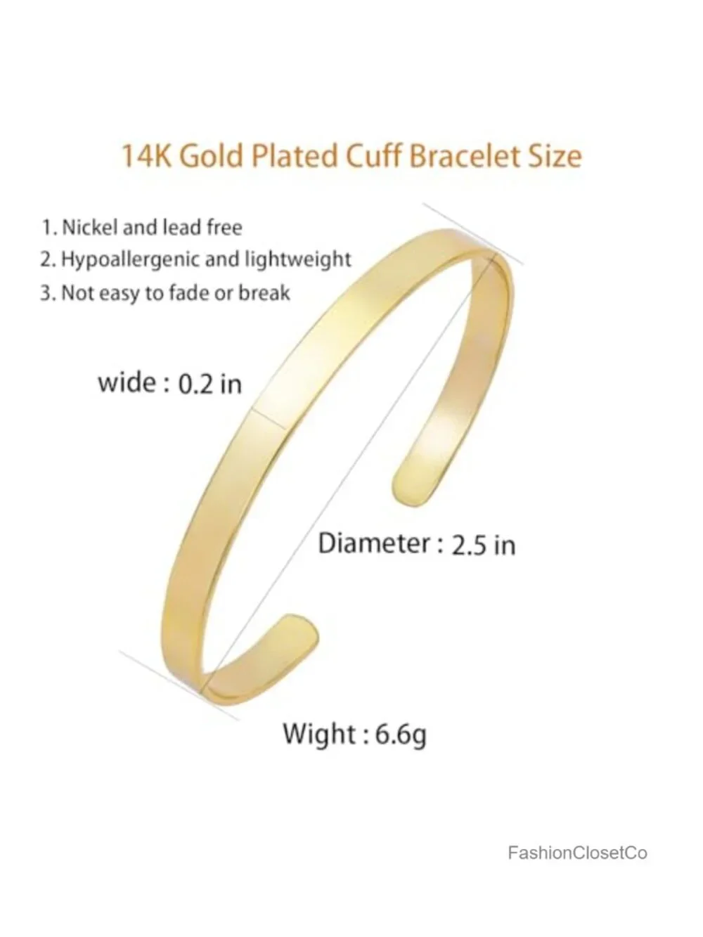 14K Gold Plated Adjustable Cuff Bracelet Chunky Bangle Non Tarnish